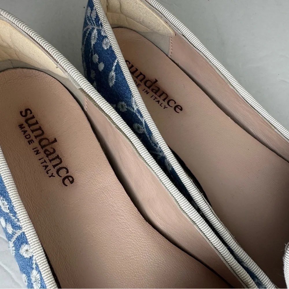 Sundance Women's Blue Embroidered Slip-On Flats leather